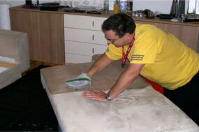 Mitarbeiter reinigt Sofa